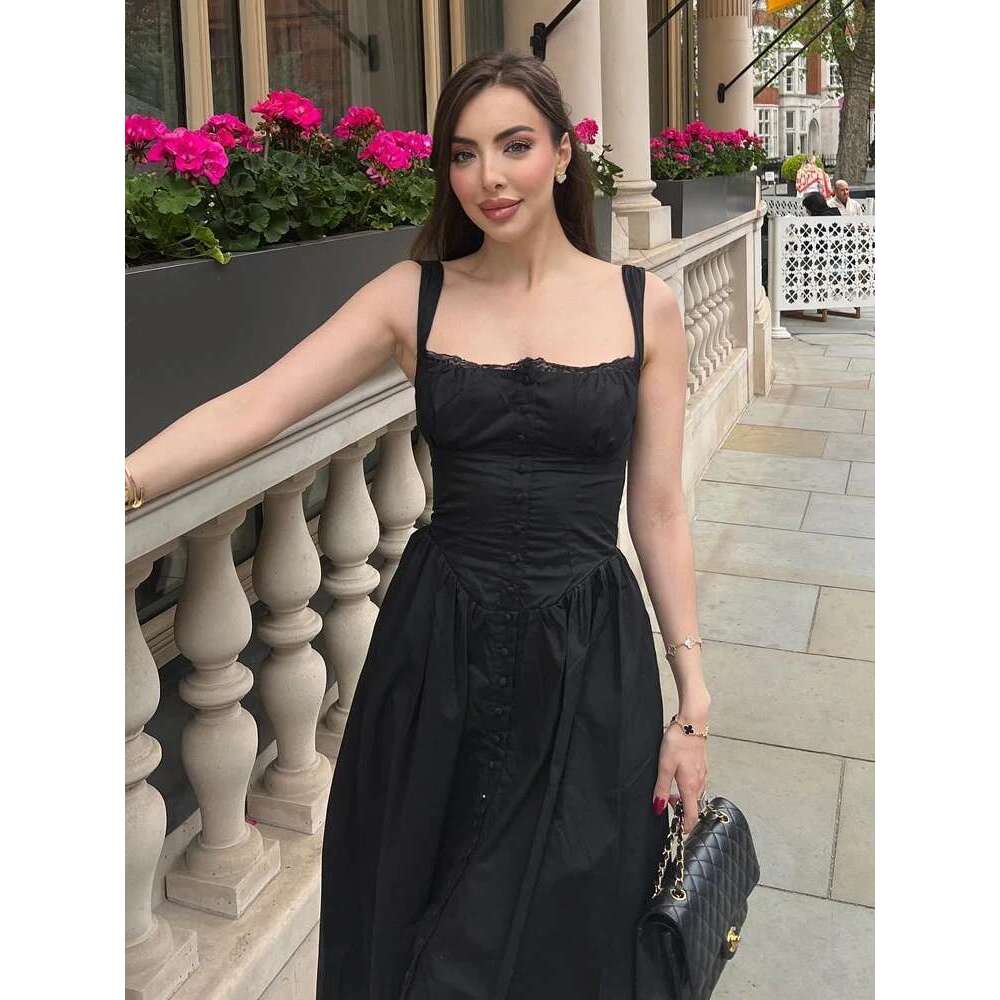 Mingmingxi Summer Black Spaghetti Strap Holiday Party Dresses Elegant Midi Button Lace Up Casual Women New In Dress