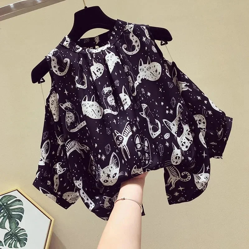 Cat Cartoon Print Chiffon Vintage ONeck Short Sleeve Loose Womens Blouse Shirt Korean Fashion Female Clothing Tops Summer 250514