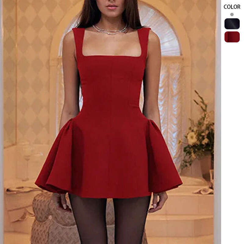 Dresses for Woman Elegant Designer Dress Long Dress 2025 Wind Waist A Swing Tank Top Dress Spring/summer New Style Square Collar Slimming Short Skirt 