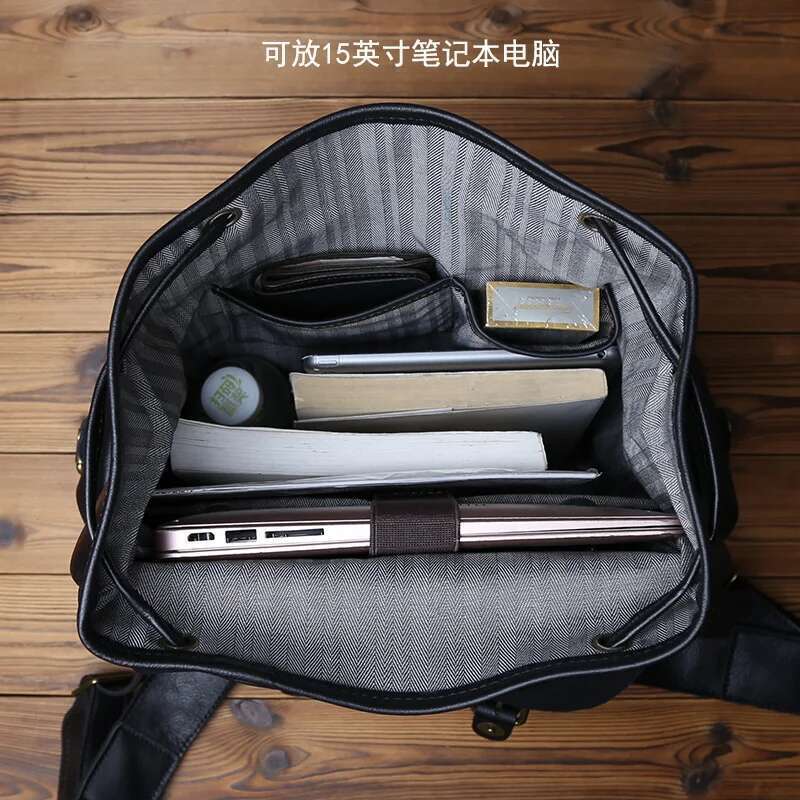 NZPJ Genuine Leather Casual Men's Natural Cowhide Book Laptop Computer Bag Large Capacity Backpack
