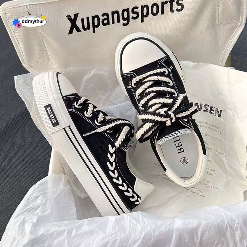 Thick soled wheat ear canvas women, trendy children students, versatile autumn and summer, niche design for casual breathable board shoes ddmythur