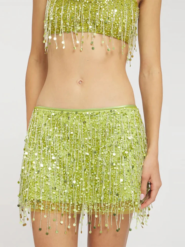 Sexy Sequin Tassels Beach Outfits Women Shiny Fashion Bikinis Sets Female Summer Holiday High Street Raves 2 Pieces 250514