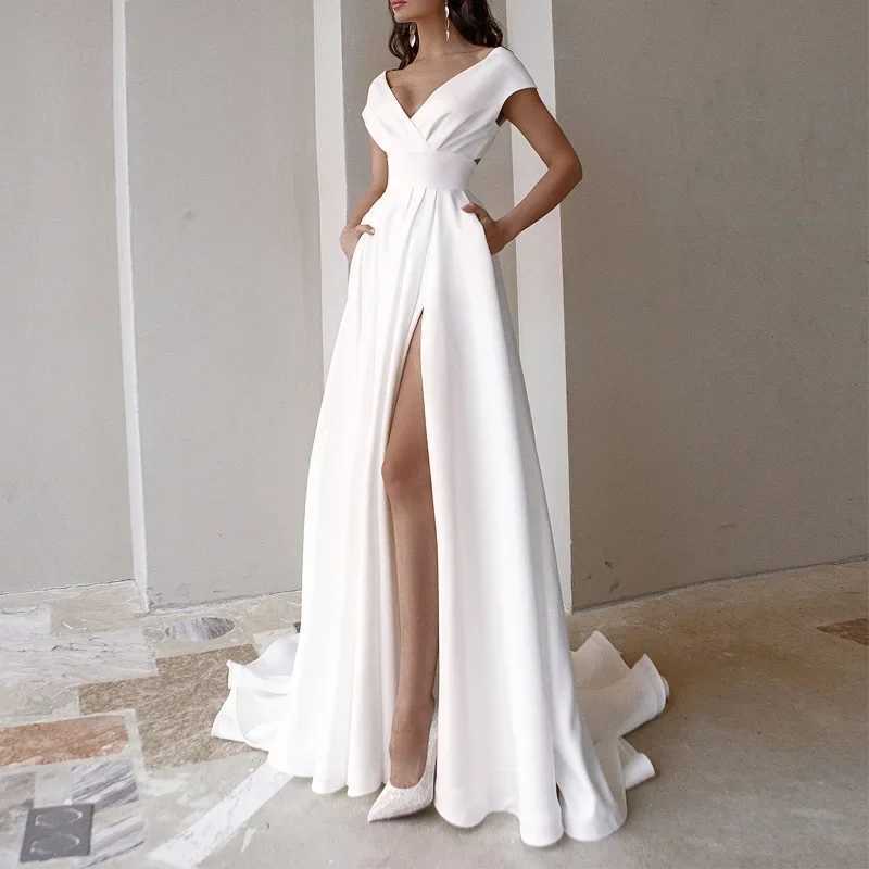 Spring Hot Sale Of The Season White V-neck Pure Color Long Dress Commute Style with Lace Trim Mid Waist Elegant Womens Dress SlXJ250514