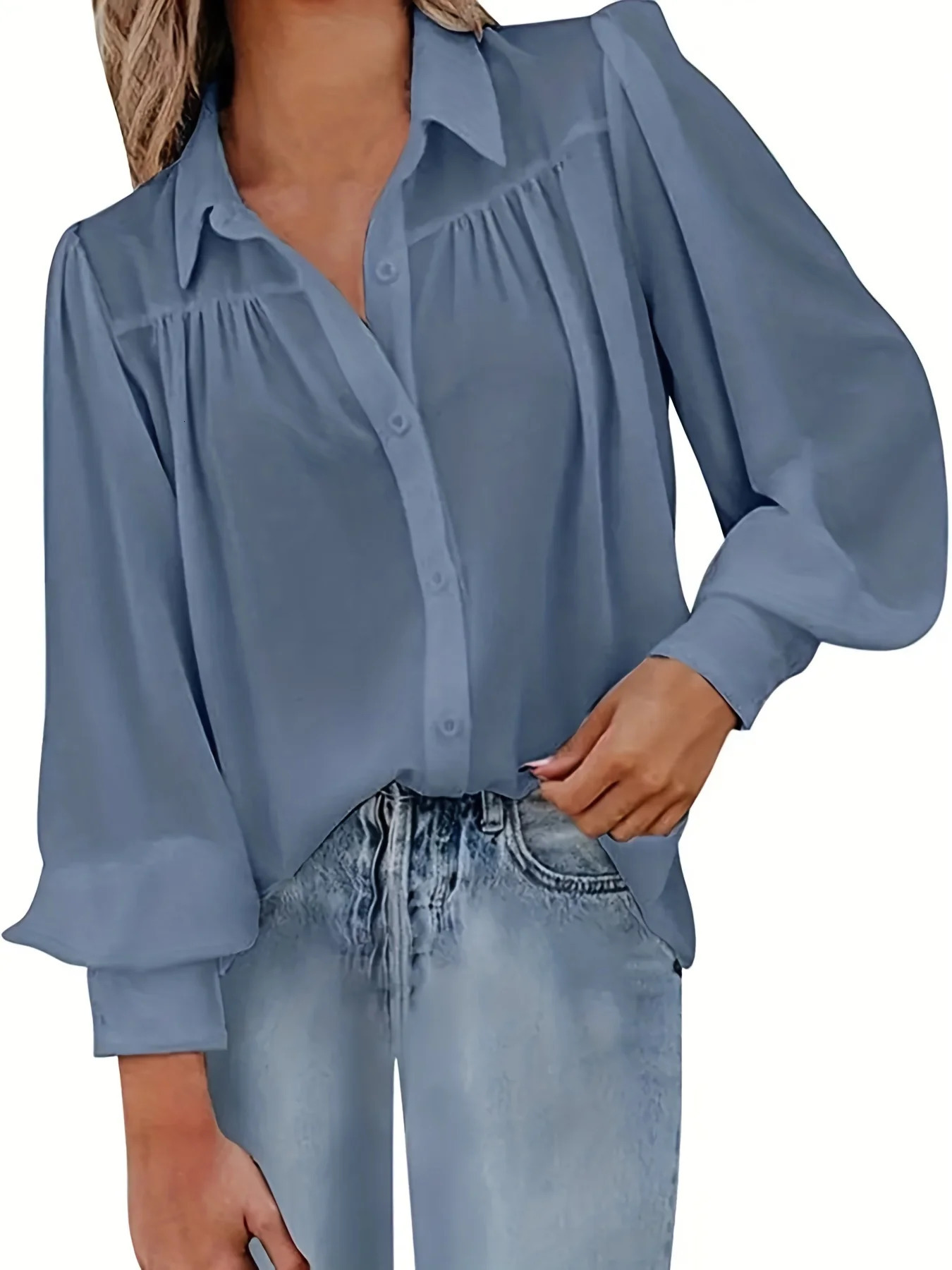 Plus Size 1XL5XL Womens Fashion Basic Blouse Ladies Solid Button Up Lantern Sleeve Turn Down Collar Shirt 250514