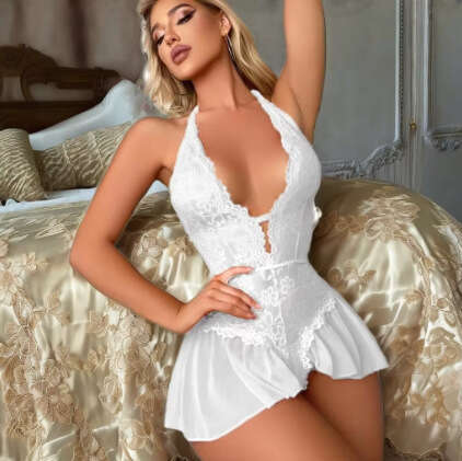 Sexy Lace Lingerie Women S Large Size Fun Underwear Transparent Lace Sexy All In One Dress Passionate Open Crotch No Take Off Women KQ