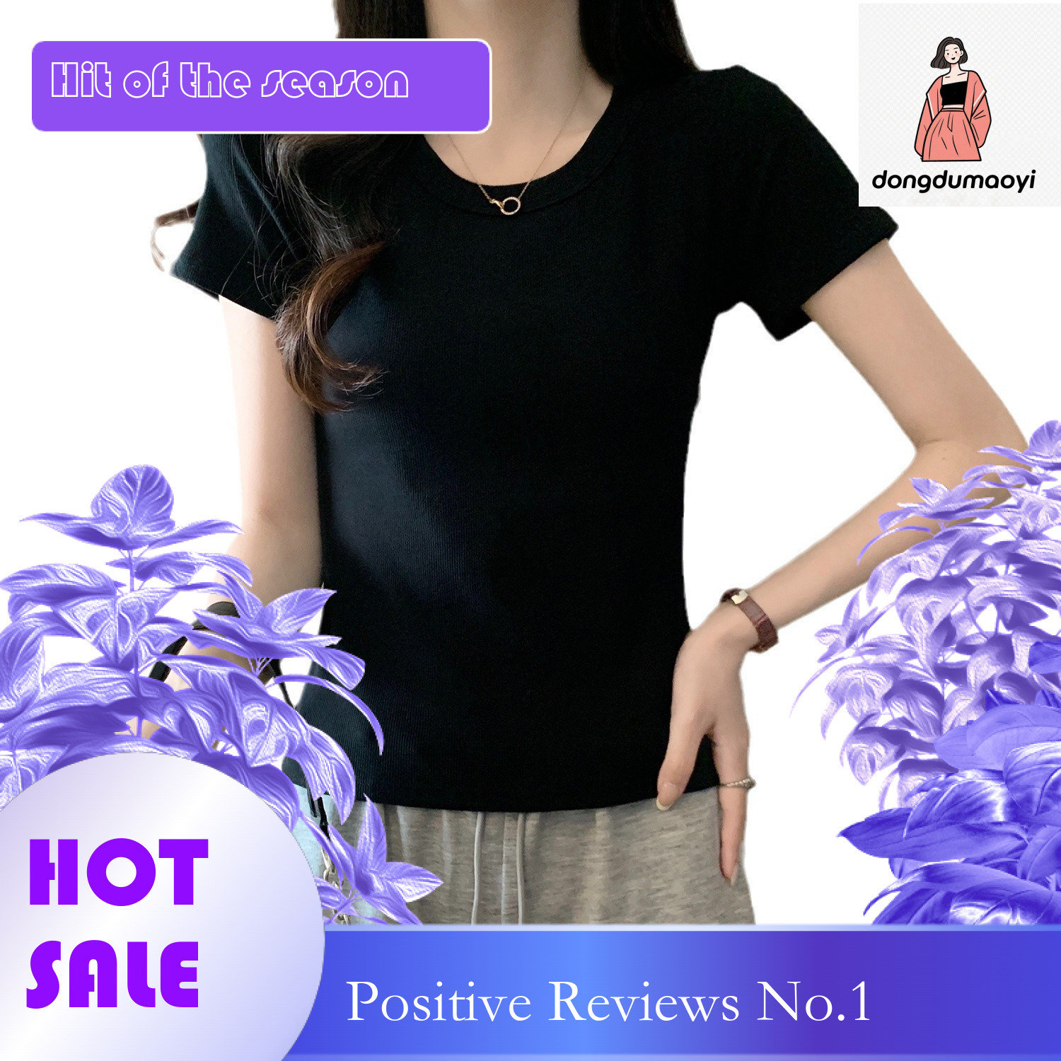 dongdumaoyi Spring/Summer Irregular Shoulder Short Sleeve T-shirt Large Top Women's Summer Slim Fit Versatile Round Neck Solid Color Bottom Shirt