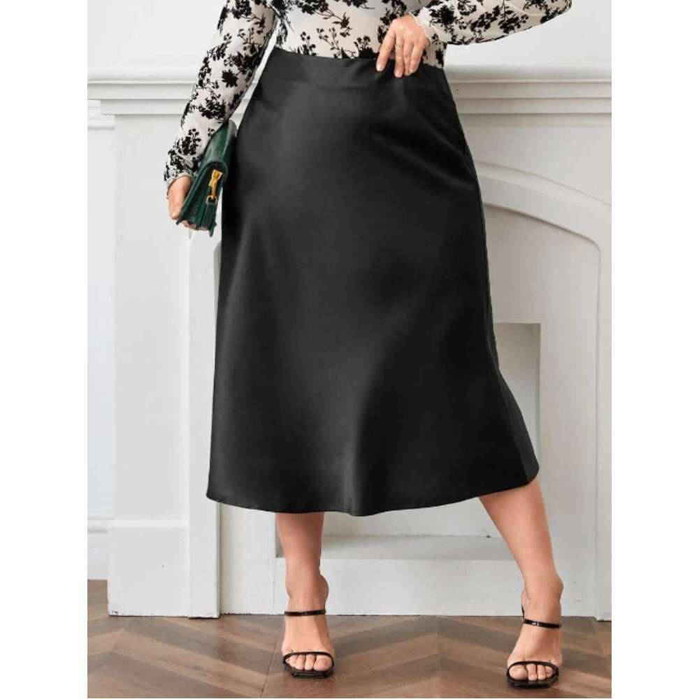 A Line Plus Size Skirts for Women High Waist Zipper Satins Big Swing Outfit Autumn Trendy Elegant Simple Fashion Clothing