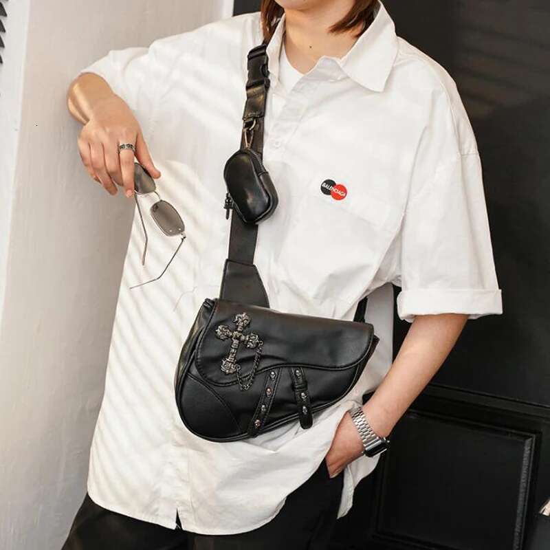 Annmouler Fashion Men's Handbag Saddle Purse Pu Leather Shoulder Designer Crossbody Cool Chest Bag