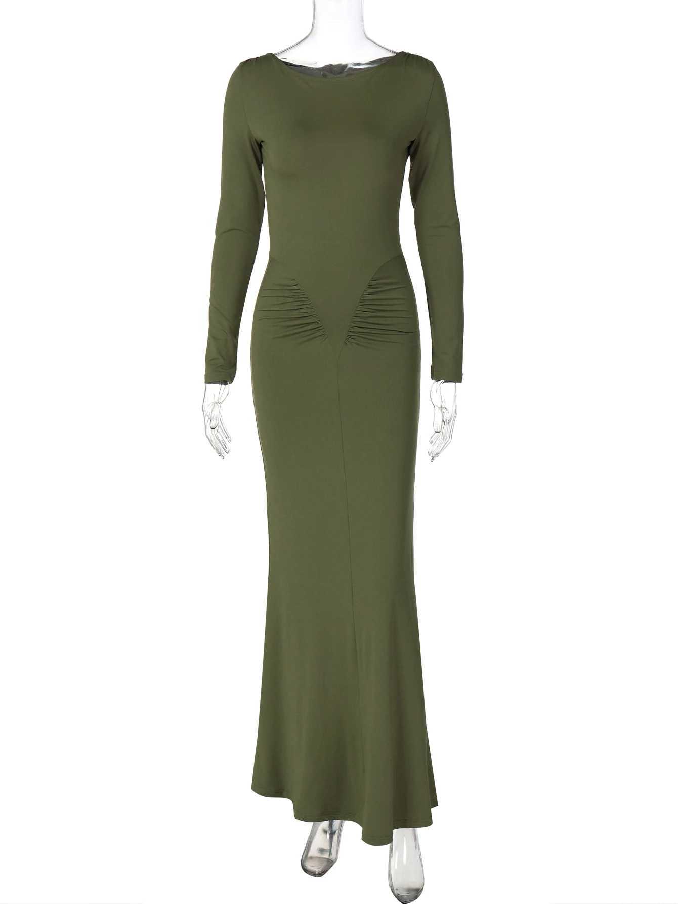 Hugcitar 2024 Autumn Solid Long Sleeve Draped Sexy Bodycon Maxi Prom Dress Women Fashion Y2K Outfits Evening Party FestivalXJ250514