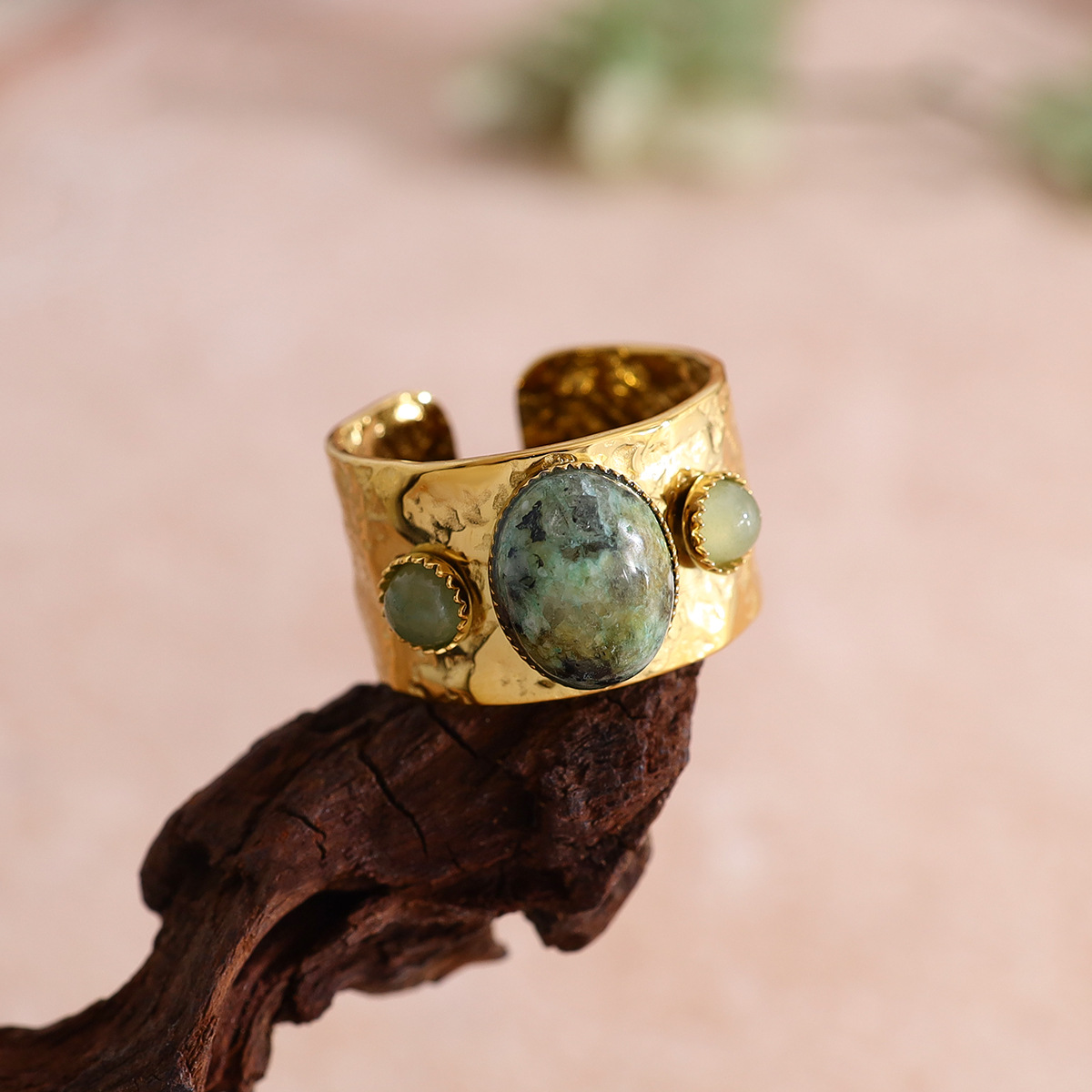 European style stainless steel natural stone ring with 18K gold plating, irregular design, wide open cuff ring for women.