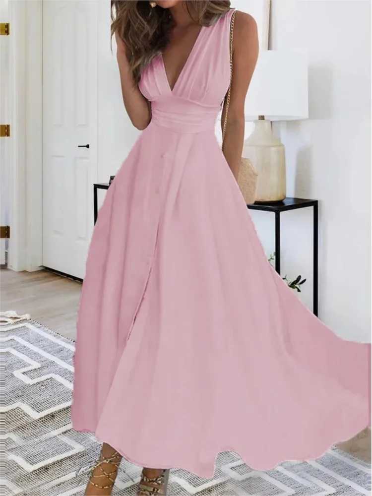 Spring Summer Elegant Party Long Dress For Women Sexy Deep V Neck Sleeveless Slim White Casual Boho Maxi Dresses 2024 Robe FemmeXJ250514
