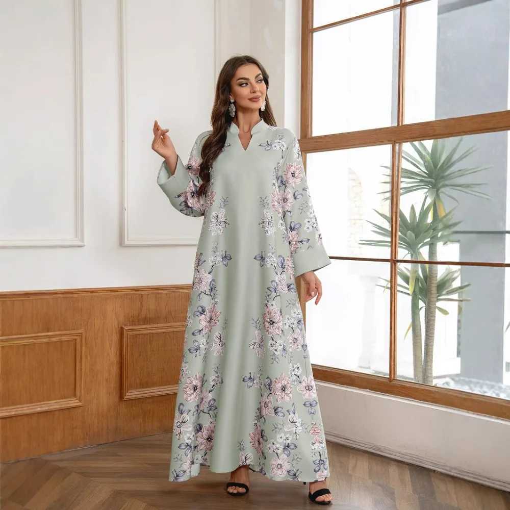 New Long-Slves Loose Dress Middle East Saudi Muslim Womens Long Robe Floral Print Beaded Arabic Dress Abaya X250514