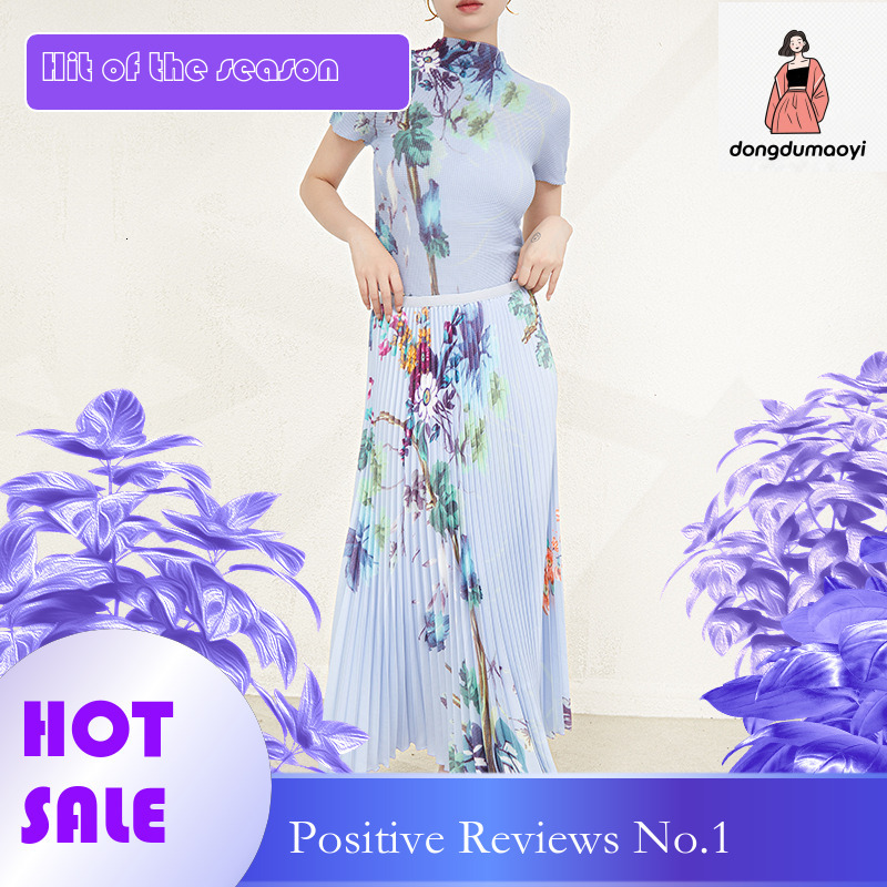 dongdumaoyi Miyake versatile T-shirt top for women 2024 new print slim fit loose A-line skirt pleated two-piece set