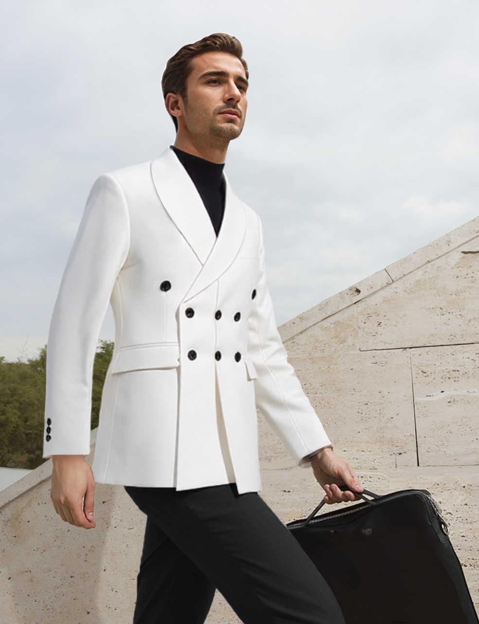 Formal White Wedding Tuxedos 2 Piece Set Jacket Pants Shawl Lapel Men Suit 3 Breasted Fashion Groom Blazers Customized
