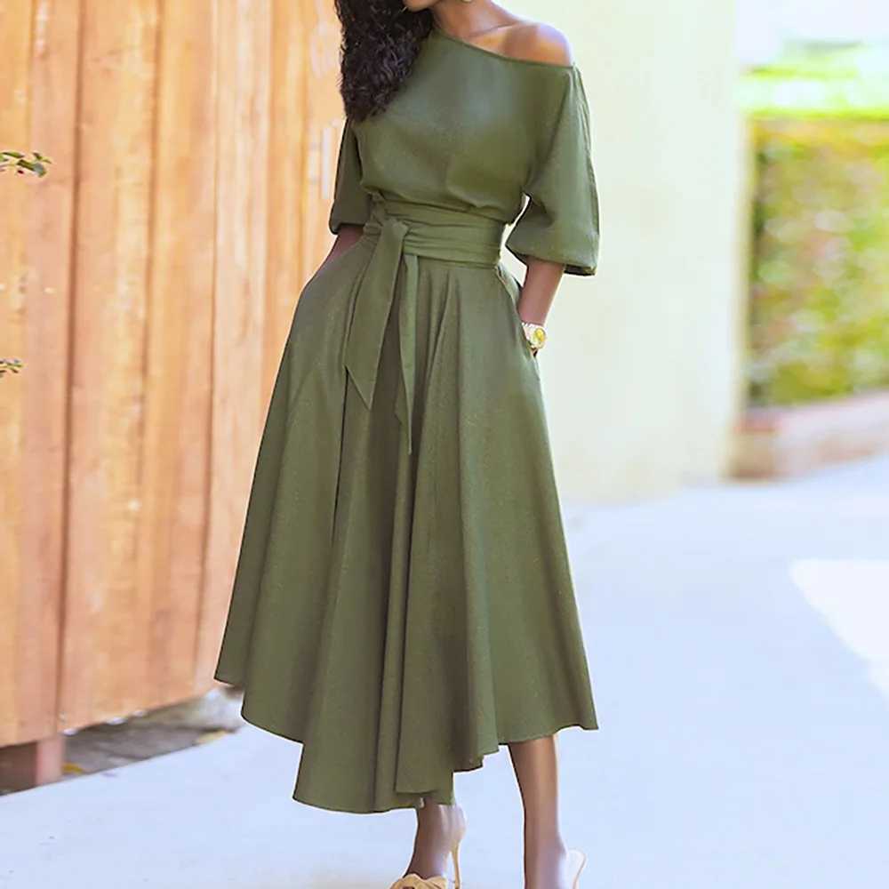 Elegant Womens Spring/Summer Fashion Green Diagonal Neck Middle Sleeve Casual Dress Womens Casual Retro Long Dress s-3XLXJ250514