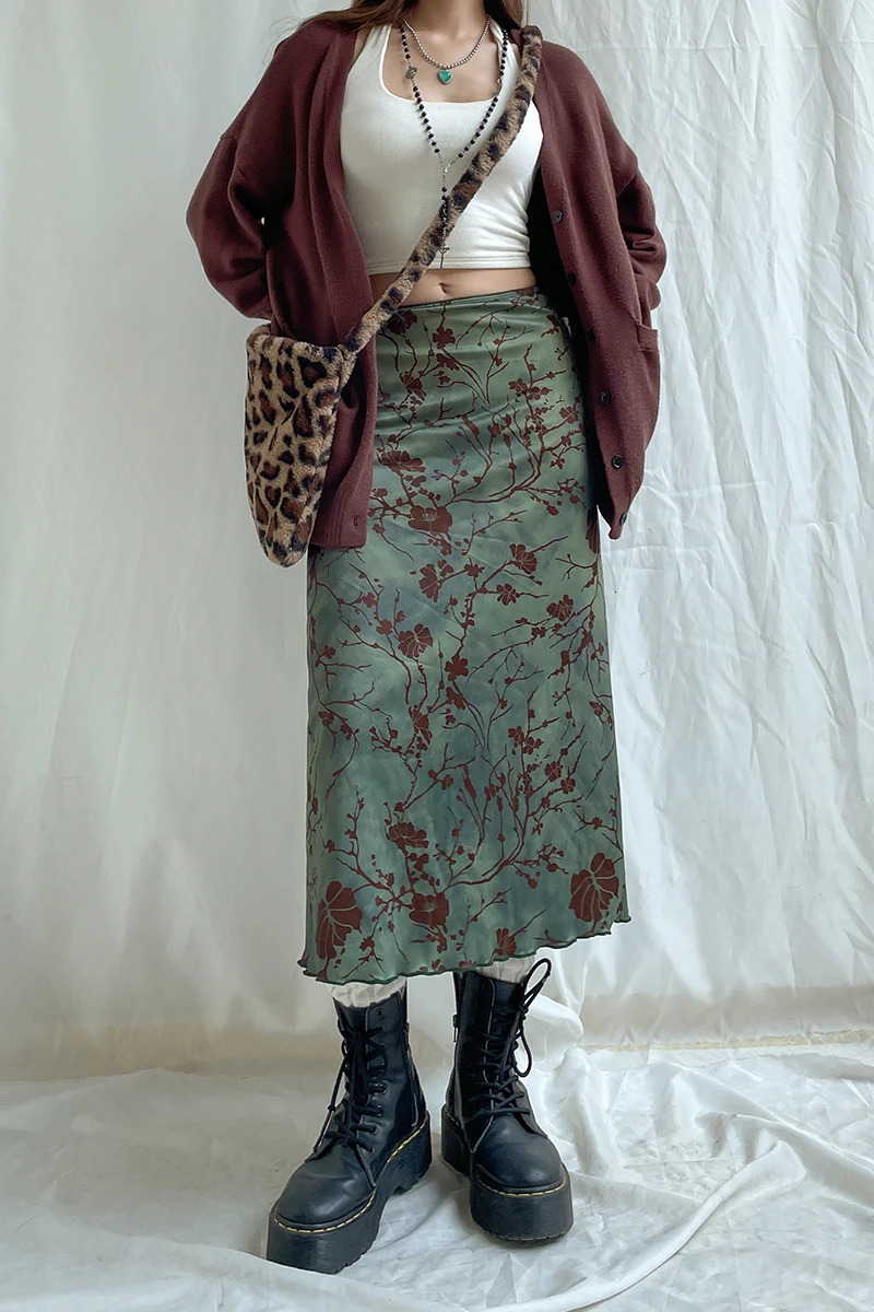 Rockmore Green Floral Printed Midi Skirt Fairycore Grunge Y2K Aesthetics Vintage Low Waist Womens Harajuku Outfit Clothing 250514