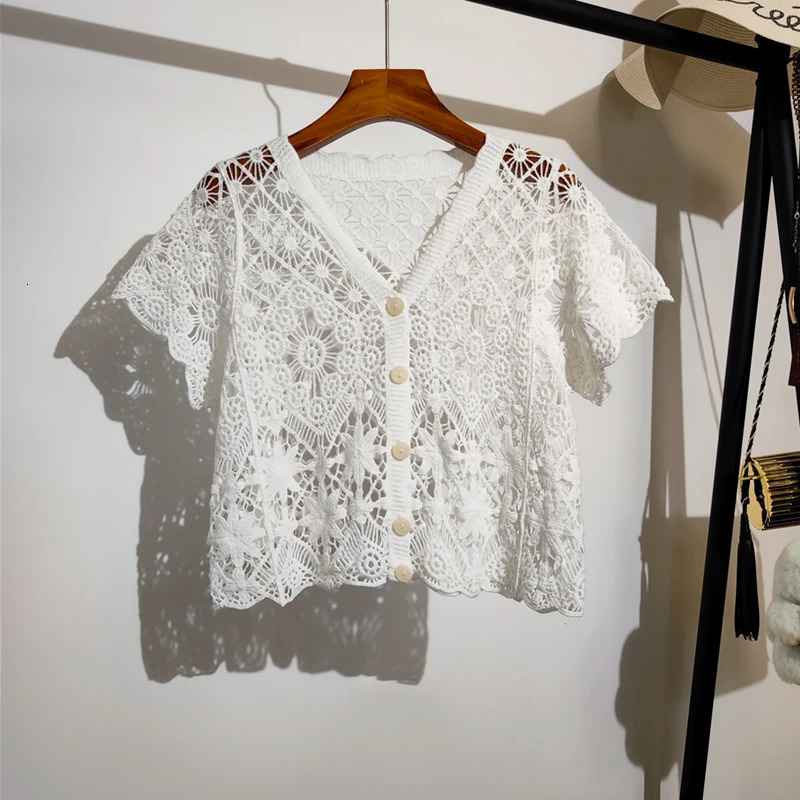 Sheer Crochet Top Button Front VNeck Short Sleeve Openknit y Blouse Women Summer Boho Vacation Outfit 250514
