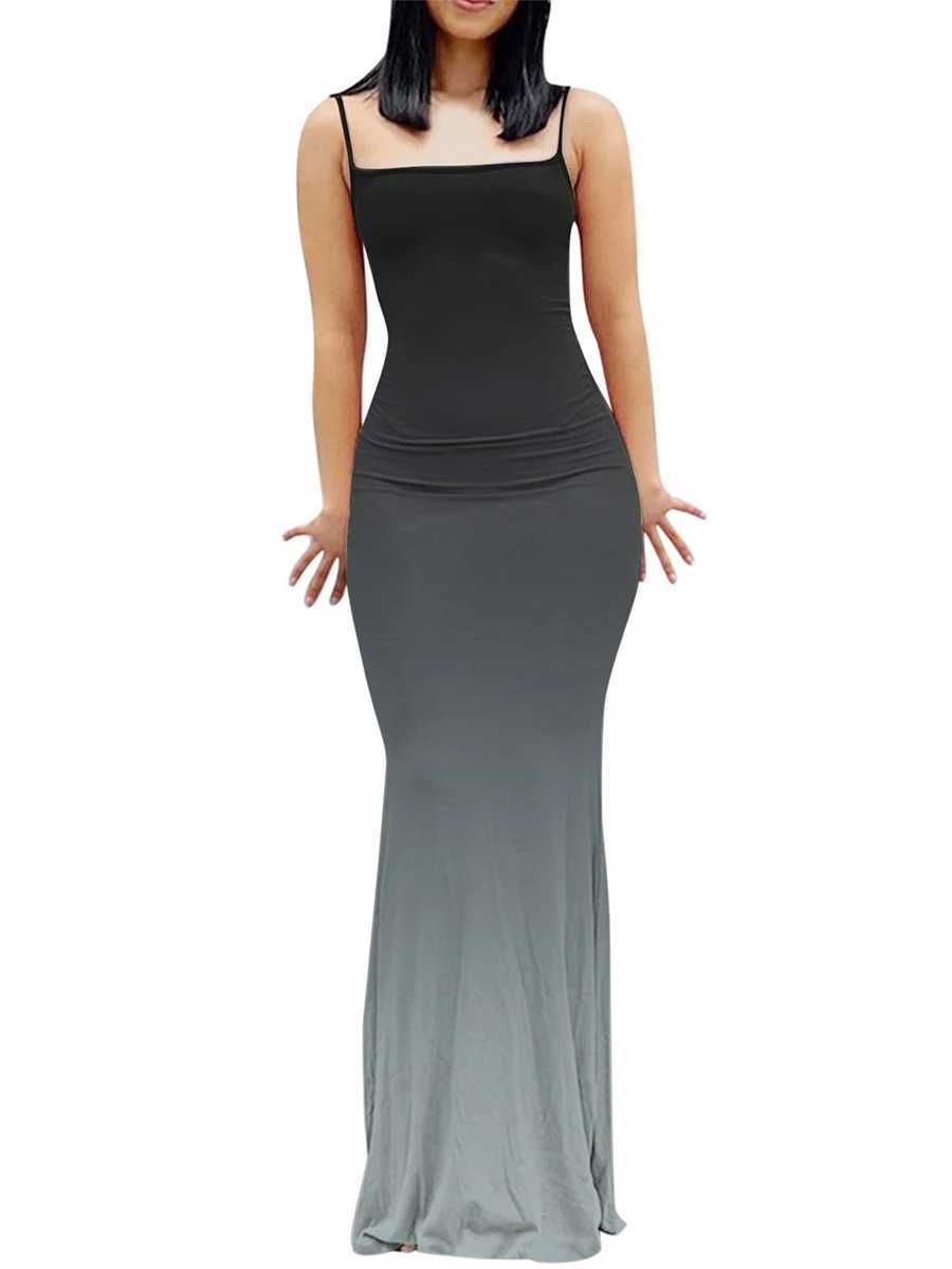 Womens Summer Sling Bodycon Fashion Backless Long Dress Tie-Dye Gradient Spaghetti Strap Sleeveless Party Club DressXJ250514