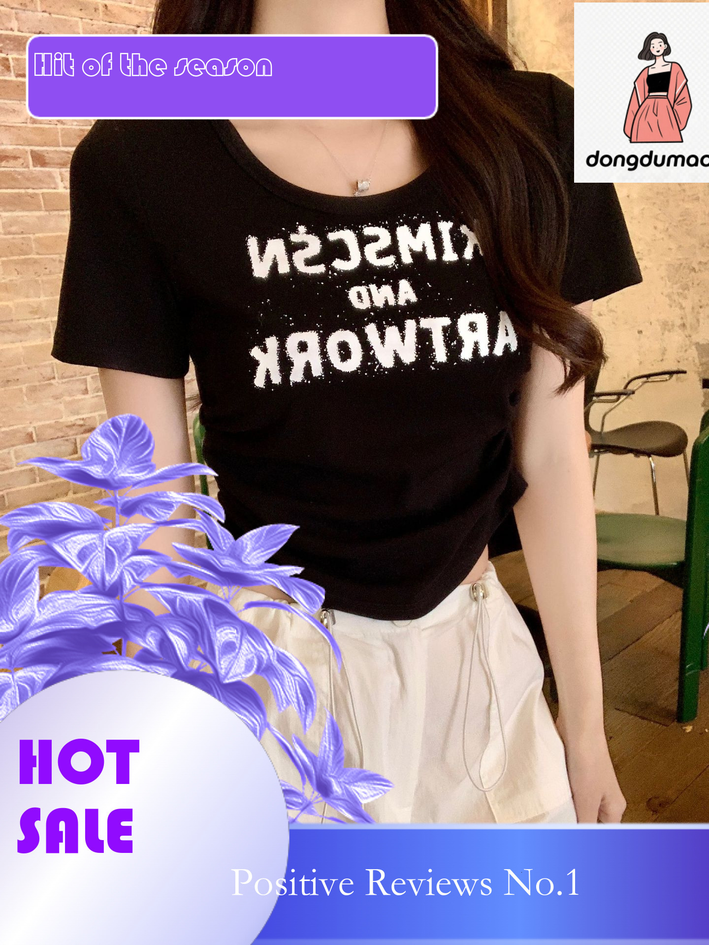 dongdumaoyi Shoulder letter printed sleeved T-shirt for women's summer 2025 new design, pleated tight fitting and slimming short top
