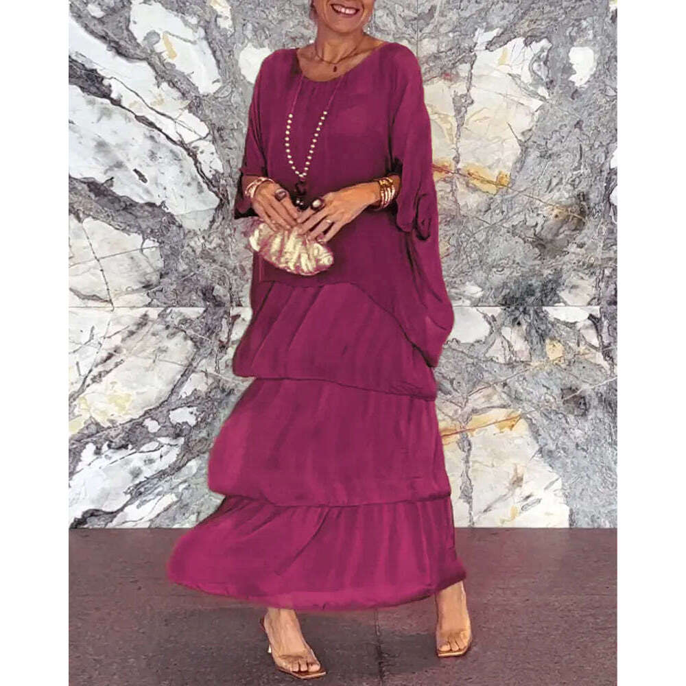 Women Clothes Dress Fashion New Chiffon Mesh Bat Sleeves Round Neck Long Dress KQ