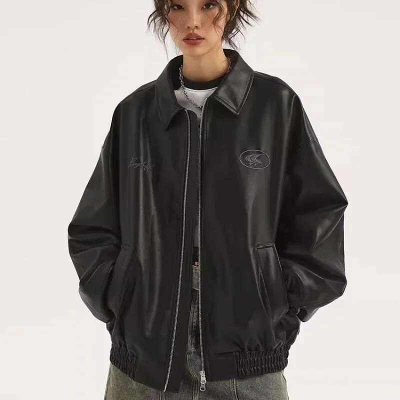 Star River Black PU For Men And Women, Trendy Brand 2024 Winter New American Retro Leather Jacket Designer Designer
