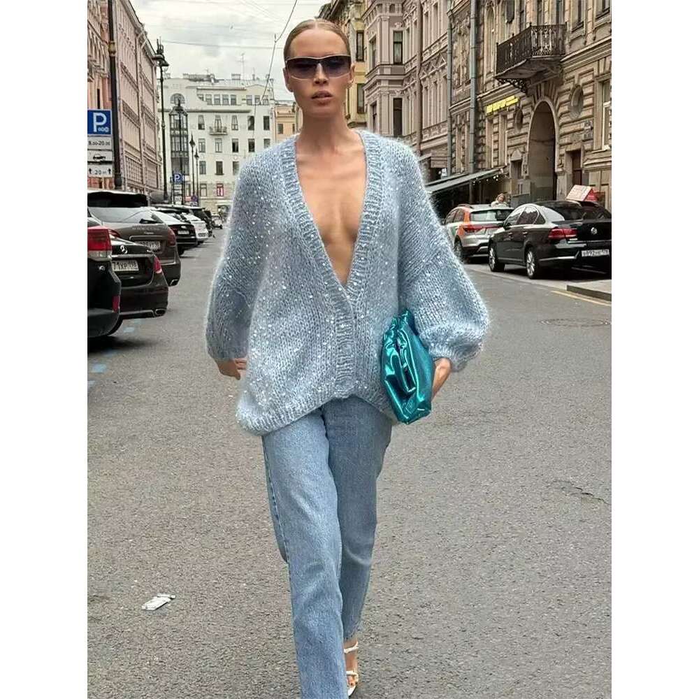 Lady Street Knitwear Fashion Shiny Sequins Women Mohair Knitted Cardigan Chic V Neck Long Lantern Sleeve Sweater
