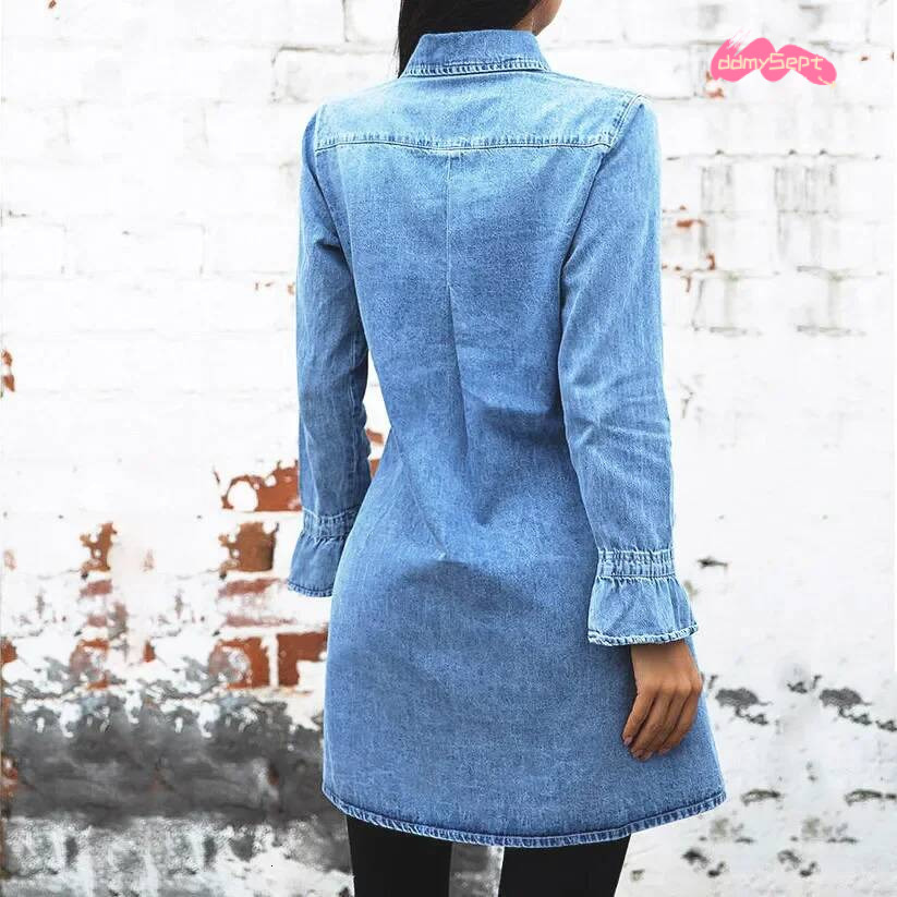 Women Denim Dress Long Sleeve Single Breasted Loose Fit A Line Dresses Turn Down Collar Splice Office Lady Elegant Vestidos ddmysept