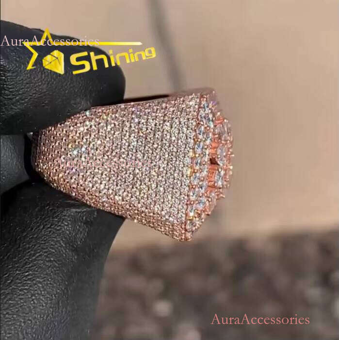 Hip Hop Sterling Sier Rose Gold Plated Iced Out Fancy Cut Buss Down Thick VVS Moissanite Dia Ring Men