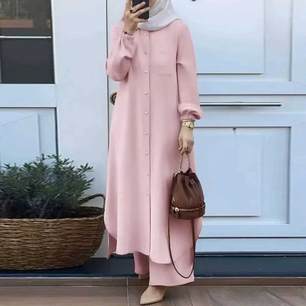Fashionable Muslim Womens Floral Print Two-Piece Set Long Shirt Wide Leg Pants Spring Autumn Vintage Clothing Ensemble X250514