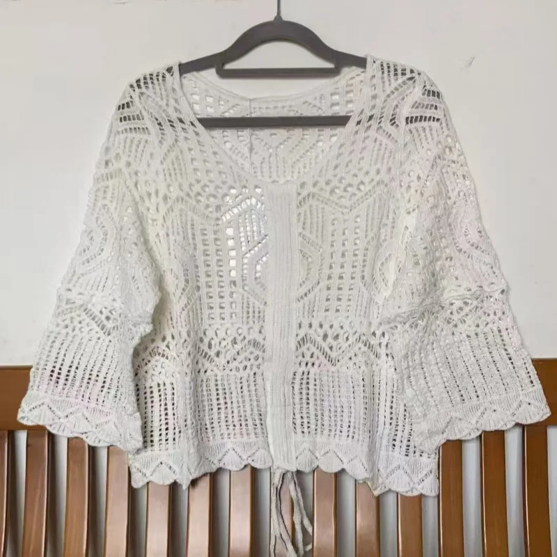 REALEFT Summer Bohemian Lace Crochet Womens Blouses Laceup Half Sleeve Vneck Hollow Out Shirts Tops for 250514
