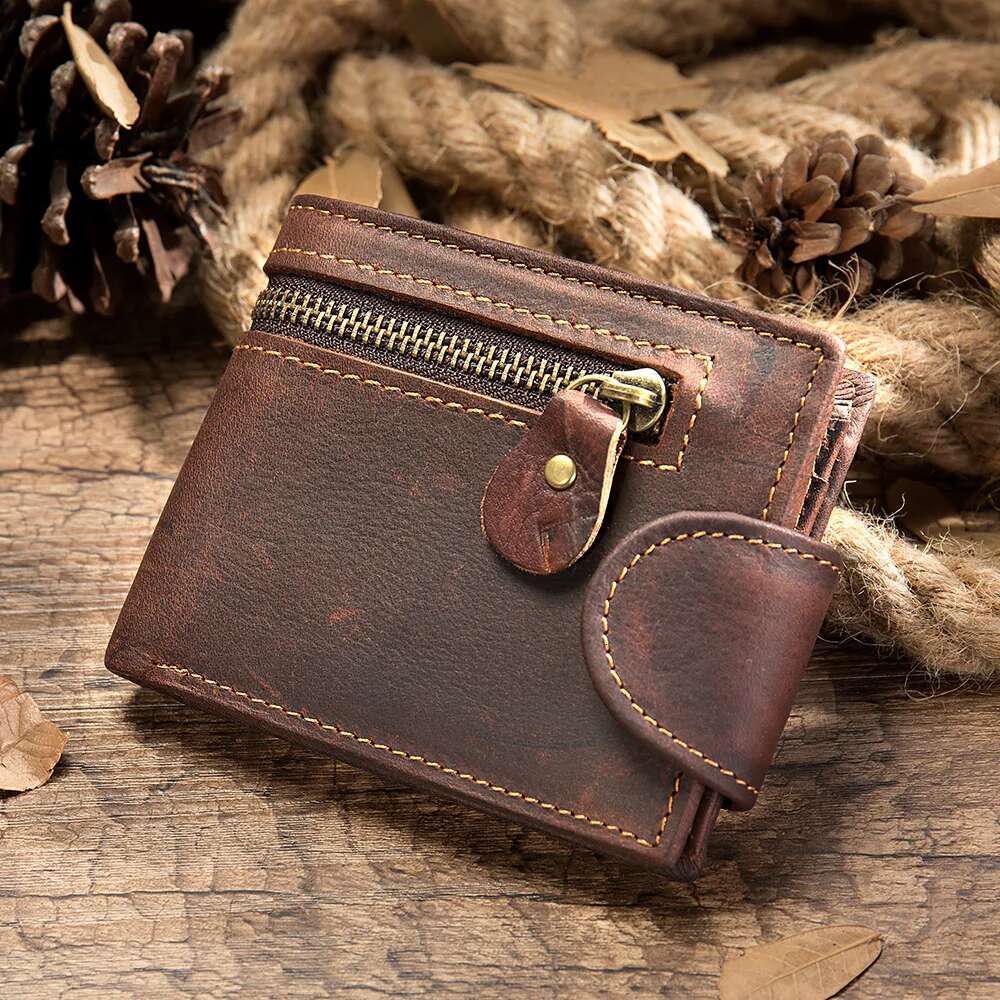 Men's Crazy Horse Short Genuine Leather Buckle Vintage Top Layer Cowhide Card Holder Multi-Card Wallet