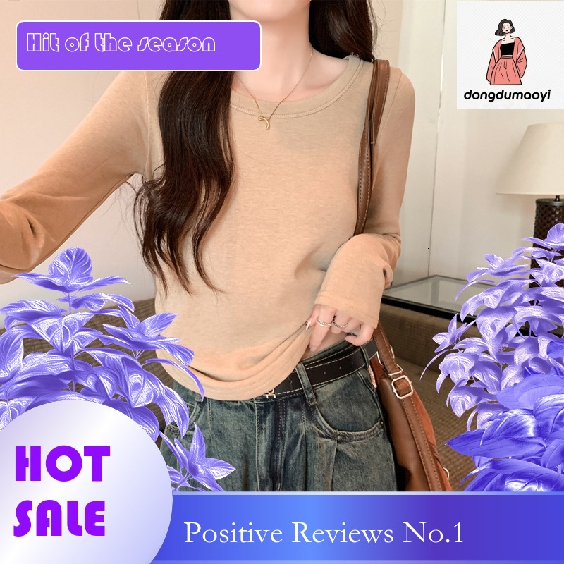 dongdumaoyi Simple round neck long sleeved T-shirt for women's spring autumn new style, curved slim fit brushed velvet inside, paired with a base