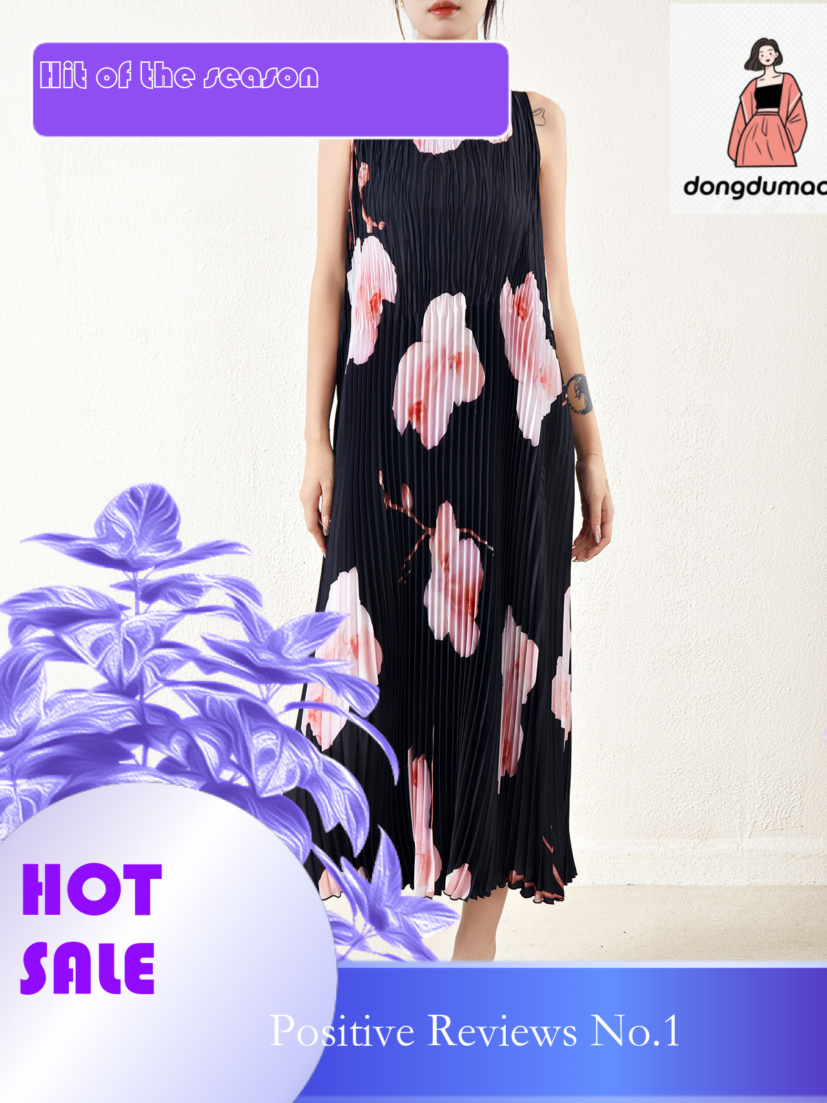 dongdumaoyi Miyake Printed Seaside Vacation Dress Spring Summer New Style Loose and Skinny Stylish Strap A line Skirt