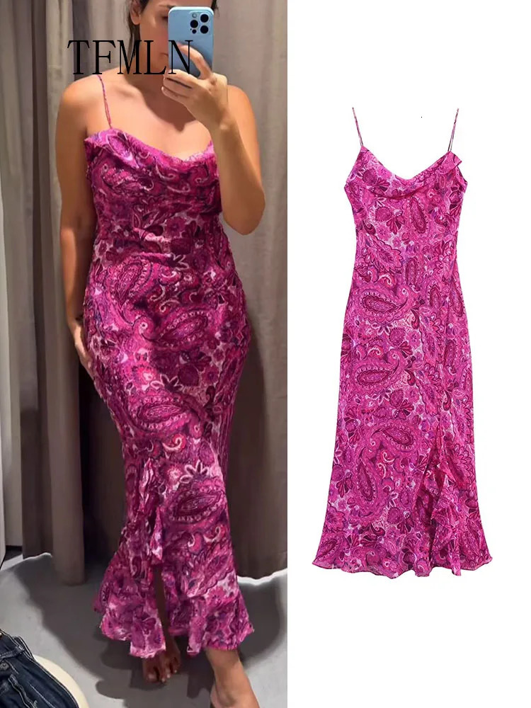 TFMLN Women Elegant Thin Sling Dress with Back Tie Up Backless n Long Dresses Summer Female Printed Beachwear 250514
