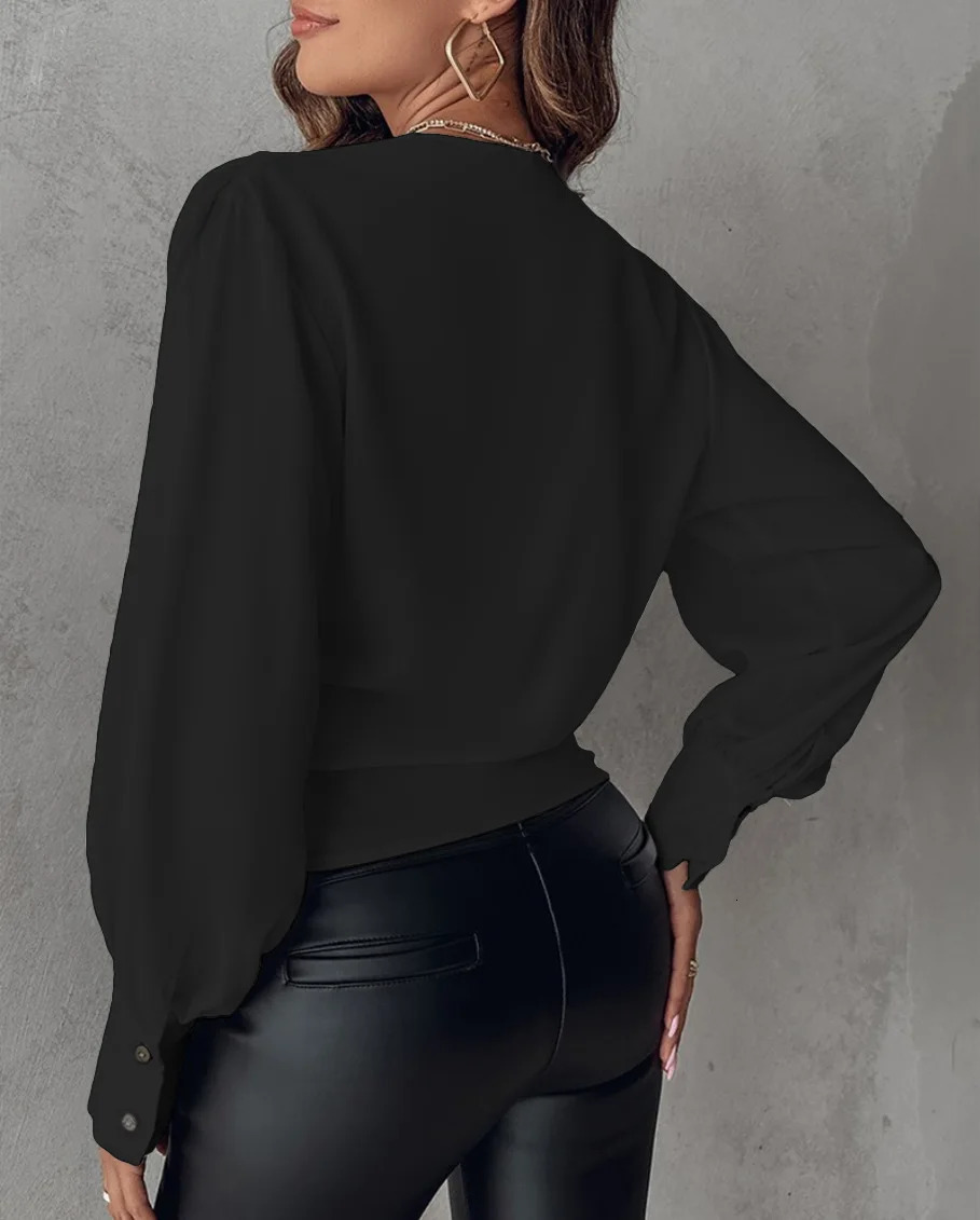 Women Elegant Solid Chiffon Blouse Spring Summer Casual Long Sleeve V Neck Loose Shirt Office Lady Tunics Oversized Tops 250513
