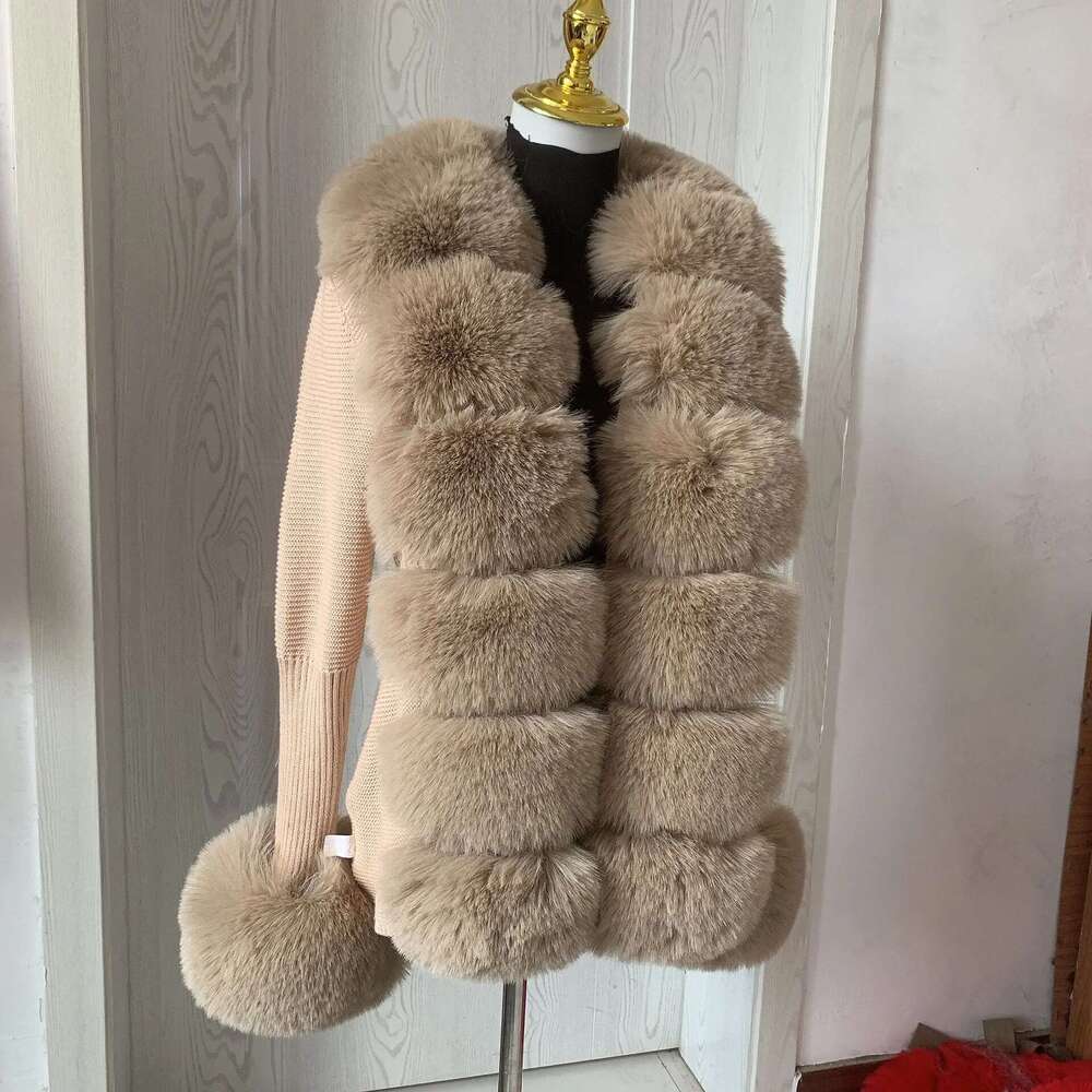 Women's Cropped Spring Autumn Hot Sale Knit Sweater Cardigan With Faux Fox Fur Collar Ladies Coat