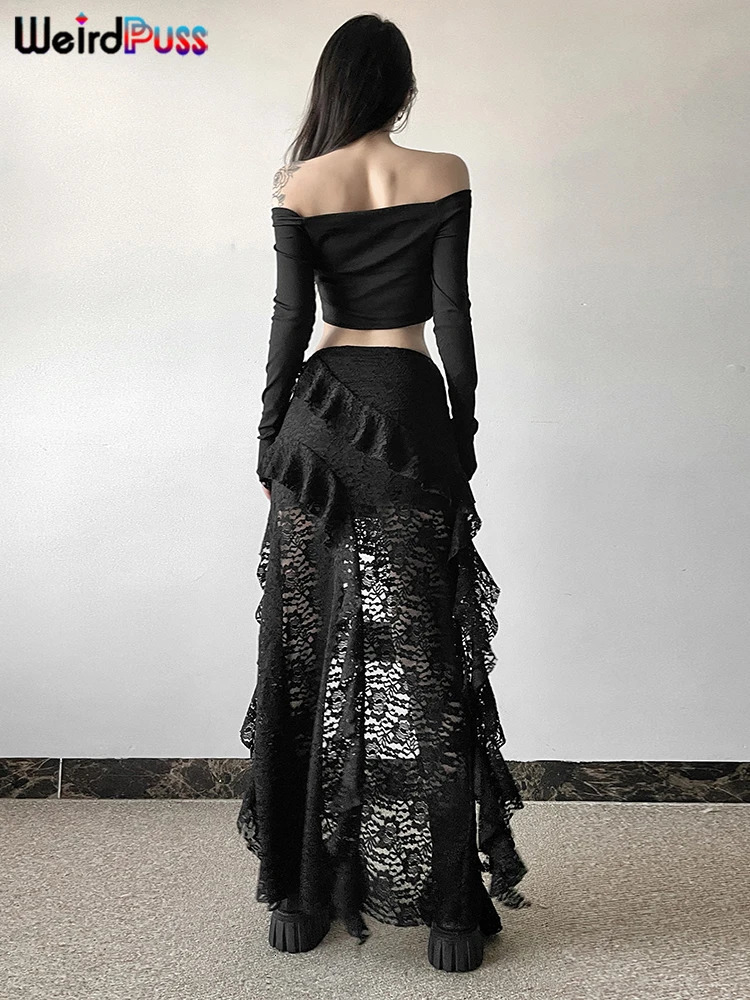Weird Puss Tassels Women Skirts Chic Irregular Hem MultiLayered Ruffles Lace Patchwork Summer Trend Skinny Versatile Bottoms 250514