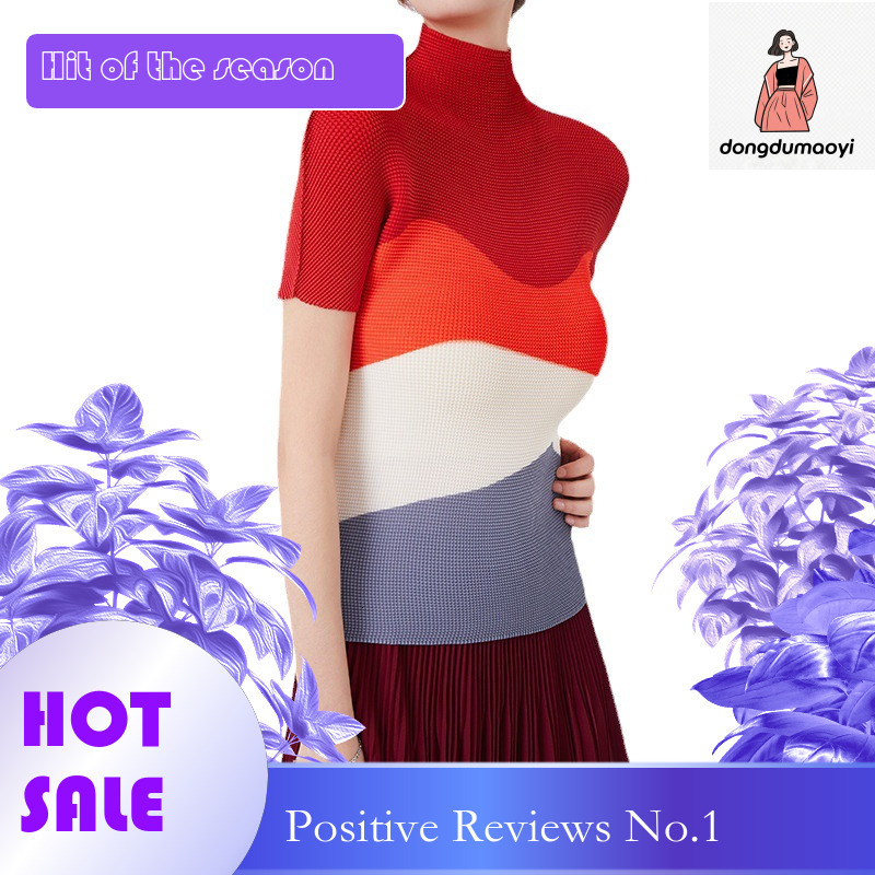 dongdumaoyi Miyake summer thin short sleeved top, slim fit and slimming, elastic pleated printed casual T-shirt, small shirt, women's clothing