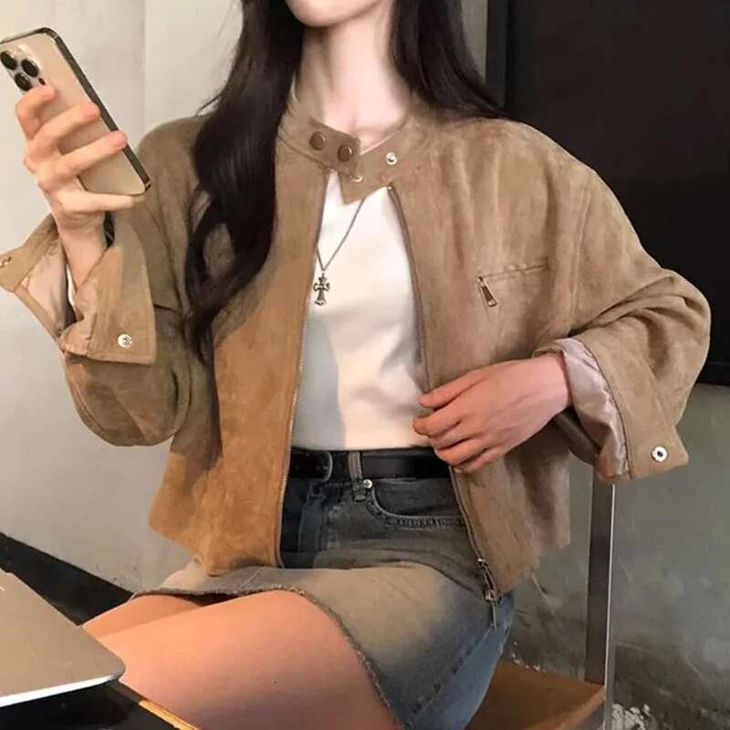 Korea Chic Autumn Retro Temperament Tops Stand Collar Zipper Pocket Loose Coats All-match Short Motorcycle Jacket Women