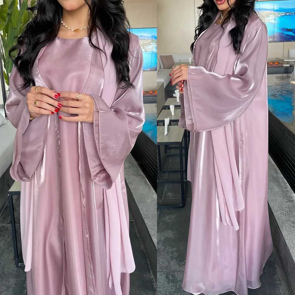 Women Eid Muslim Sets 2 Piece Dress Shiny Satin Dubai Abayas Ka Jalabiya Turkey Kaftan Ramadan Islam Clothing Robe Vestidos X250514