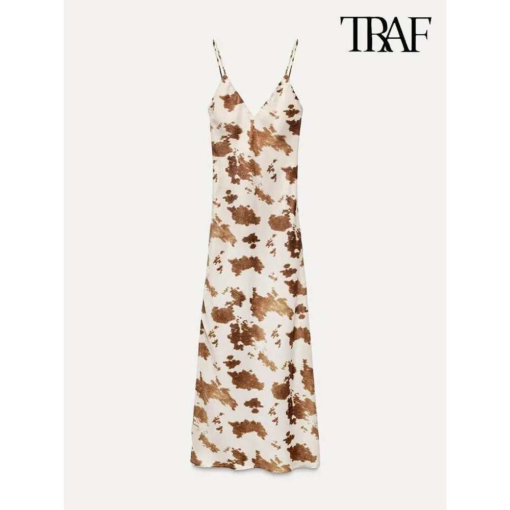 TRAF Women's Satin Texture V-Neck Mistletoe Fashion Sexy Spot Printed Long Halter Dress Temperament Elegant Womenswear