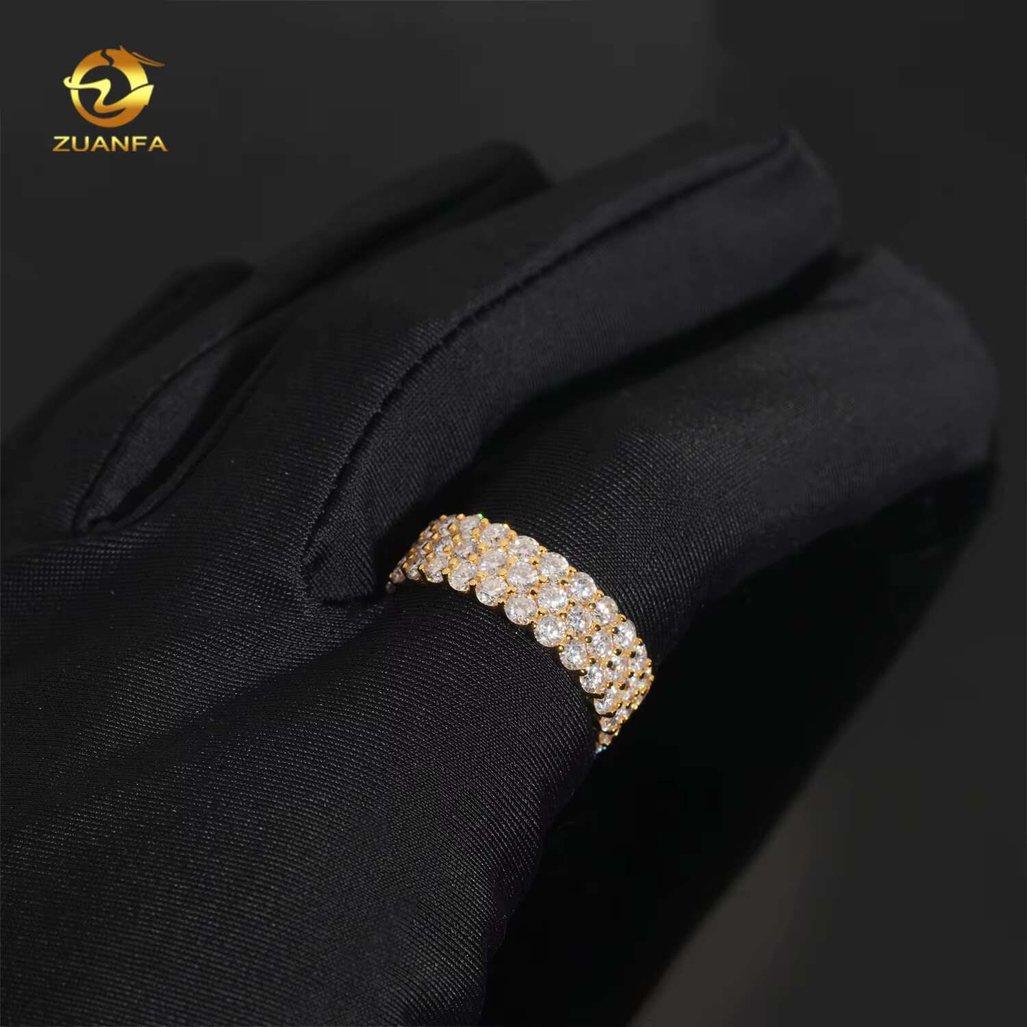 Hot Sale 3rows Moissnaite Gold Pated Sterling Silver 925 Hip Hop Band Mens Rings Fine Jewelry