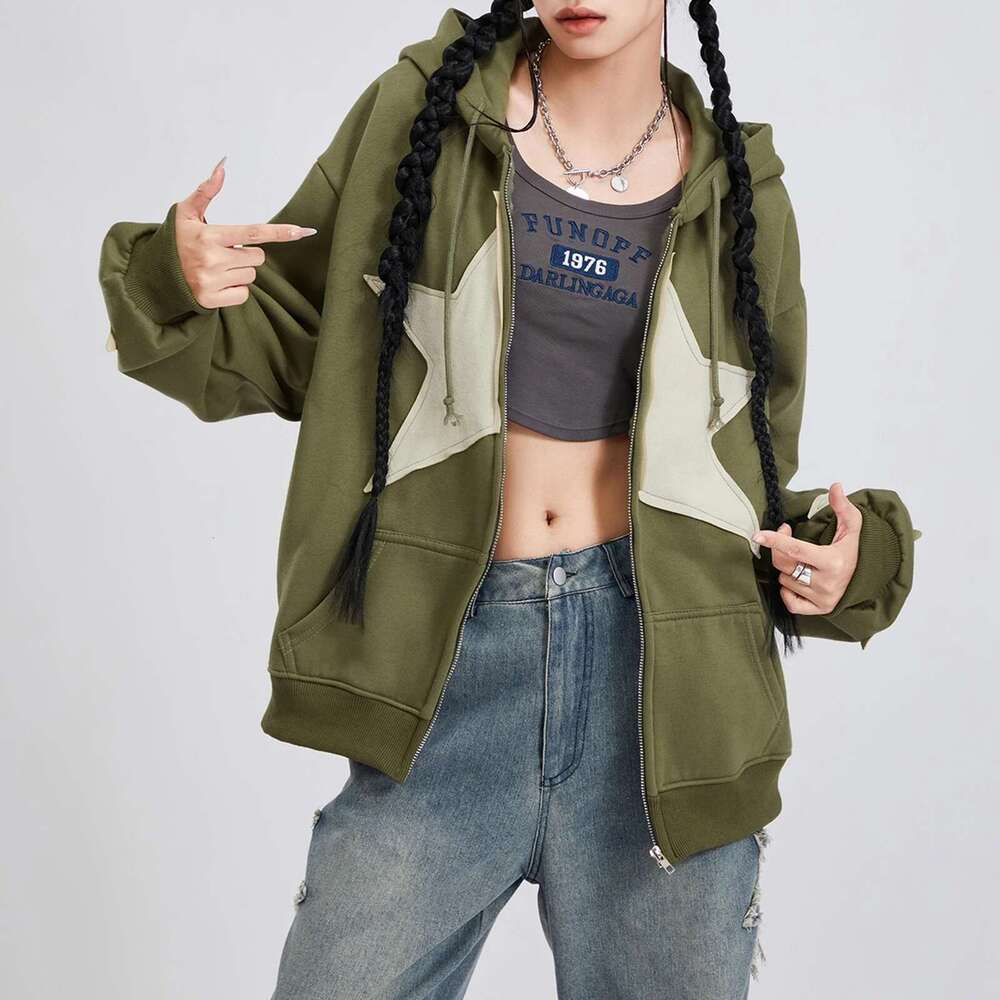 Vintage Star Print Drawstring Hoodies Women's Autumn Casual Loose Long Sleeve Zip Up Hooded Coats Street Haruku Outerwear Designer