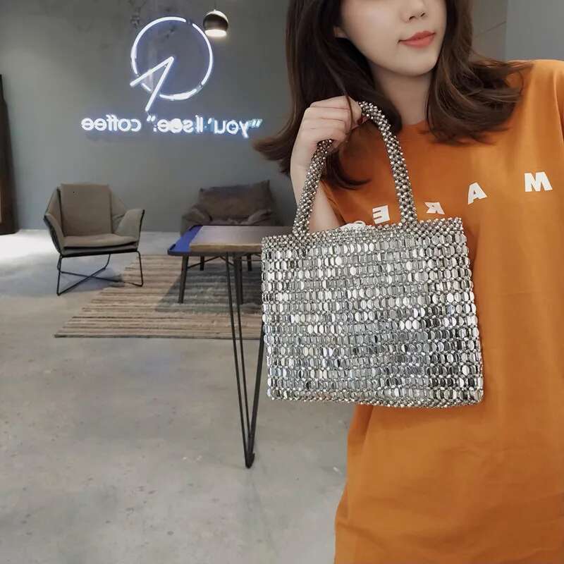 Vintage Handmade Ladies Weave Beaded Fashion Sier Color Shining Sequin Shoulder Bag Clutches Womens Party Handbag