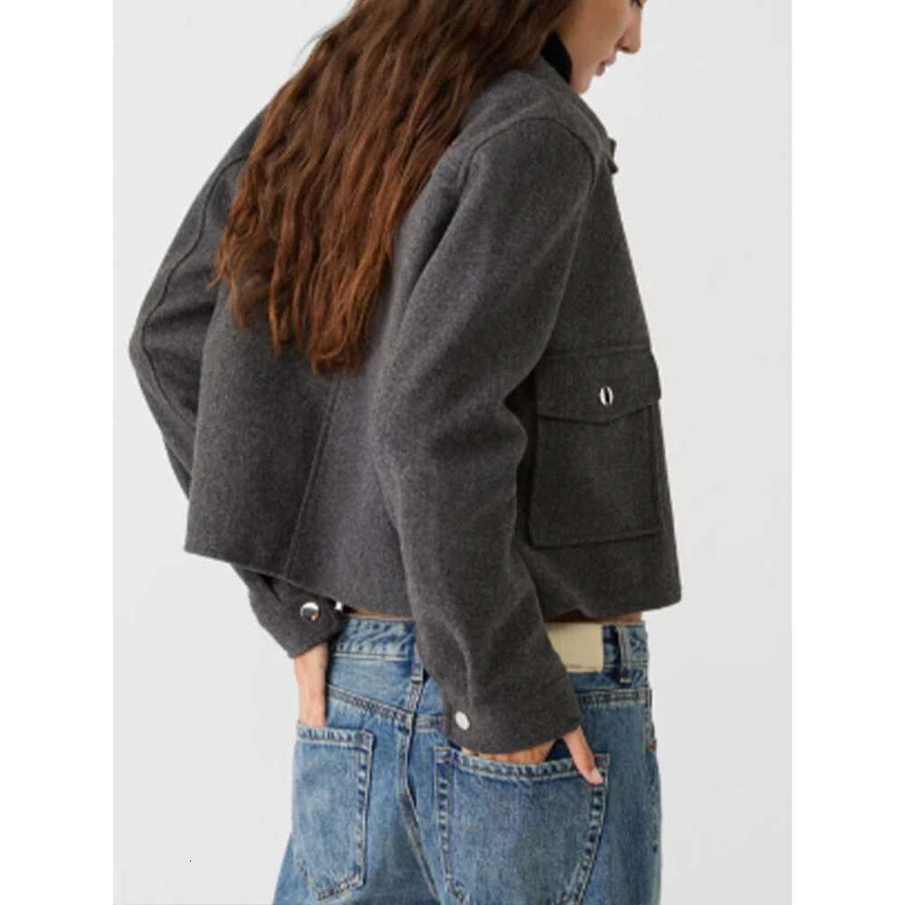 New women's clothing European and American style fashionable simple versatile double pocket short woolen jacket