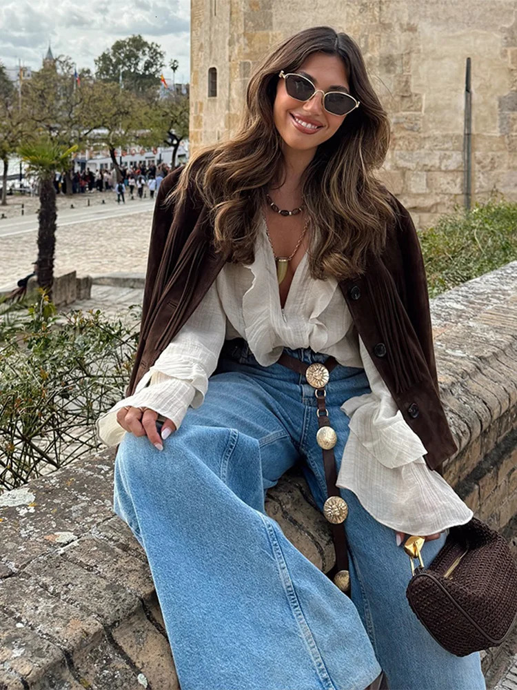 Chic Ruffle Chiffon Top Women Fashion Matching O-neck Flare Sleeves Zippers Tops Female 2025 Spring Summer Casual Lady Shirts 250513
