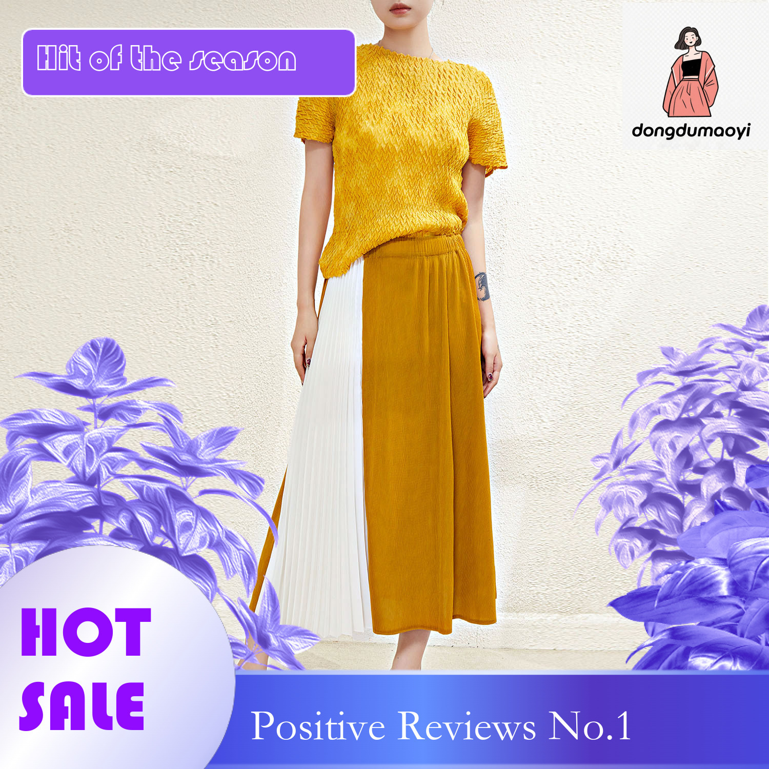 dongdumaoyi Miyake style round neck short sleeved T-shirt for women's summer 2023, high-end design sense, niche relief jacquard pleated loose top