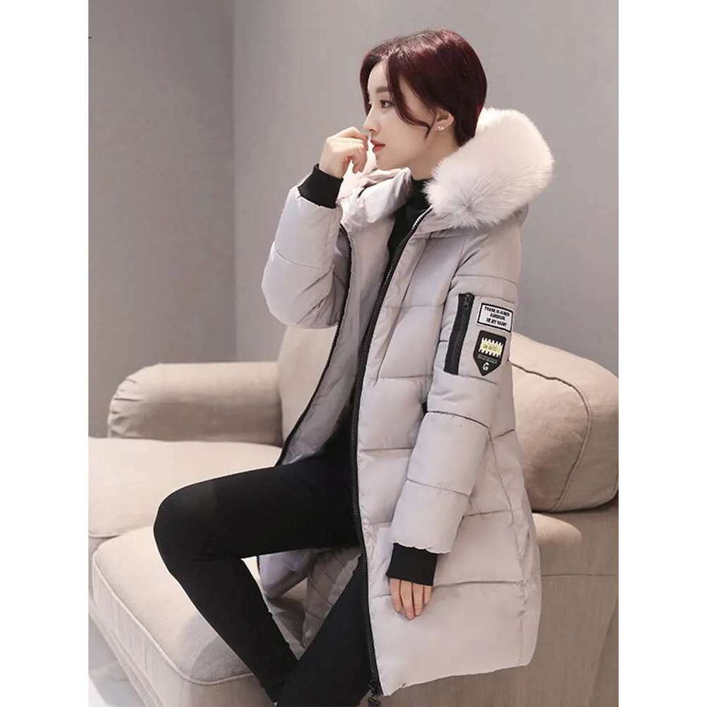 Women Winter Fur Collar Hooded Parka Fashion Letter Patch Zipper Pockets Design Long Jacket Elegant Slim Warm Thick Female Coats Designer