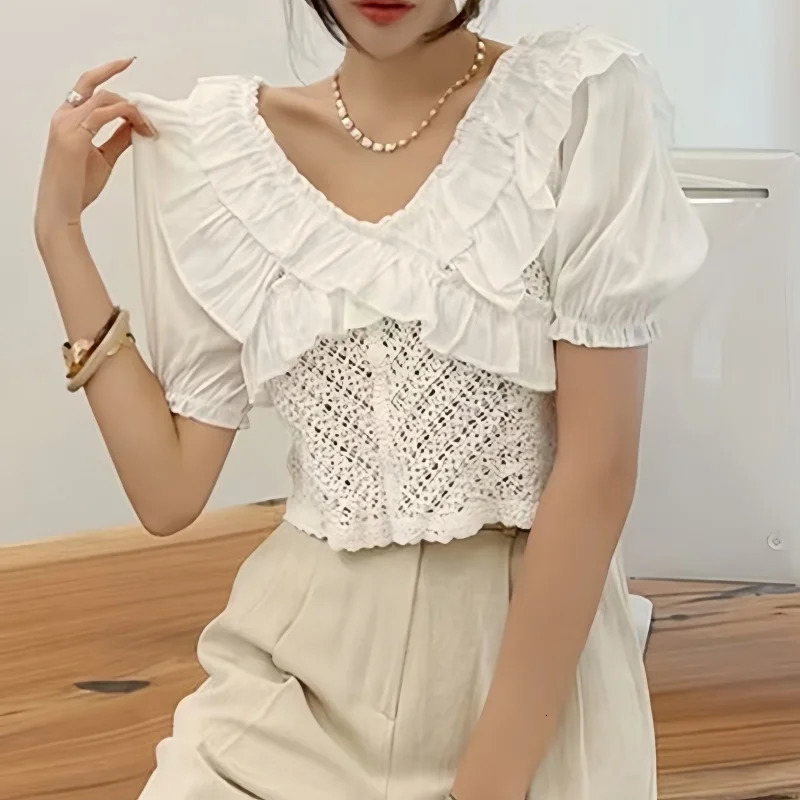 REALEFT Spring Summer Hollow Out Lace Crochet Womens Blouses Short Sleeve Ruffles Vneck Casual Shirts Top for 250514