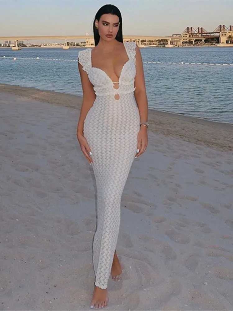 Deep V Neck Sexy Dresses Women Sleeveless See Through High Waist Long Cover Up Dress Femme Holiday Knitted Beach Dresses NewXJ250514